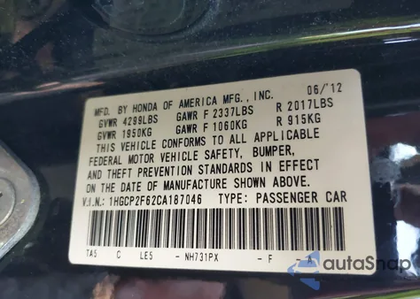 2012 Honda Accord 2.4 Se z USA, uszkodzony, nr VIN 1HGCP2F62CA187046